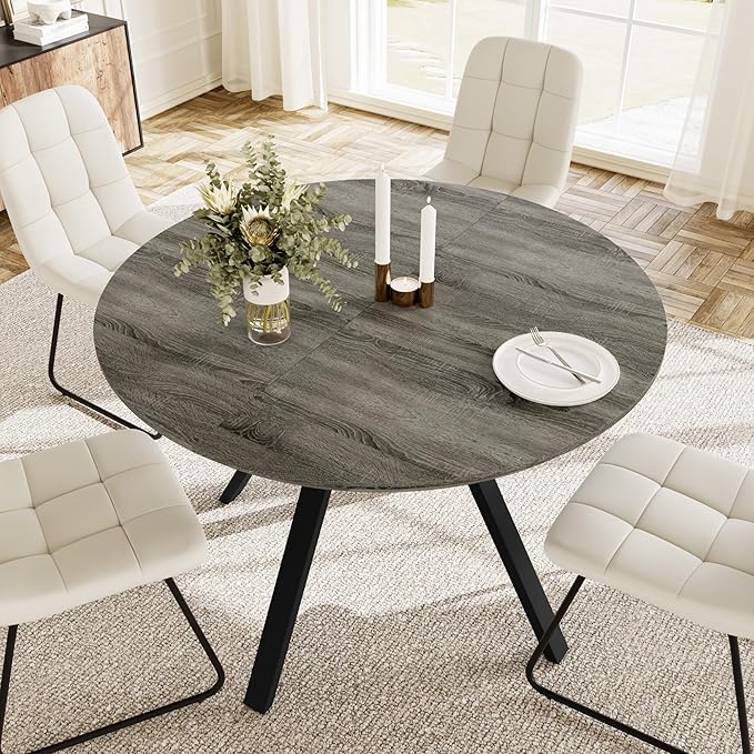 Extendable Round Dining Table Set for 4 People, 43.3"-59.1" Extendable Kitchen Table with 4 Upholstered Chairs, Space Saving for Kitchen Dining Room (Grey Table+4 U-Shaped White Chairs)