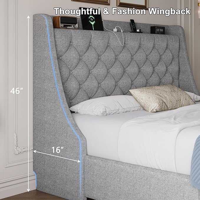 Full Size Upholstered Platform Bed Frame with 4 Storage Drawers and Charging Station, Linen Button Tufted Wingback Headboard, Sturdy Wooden Support Slats, No Box Spring Needed, Light Grey