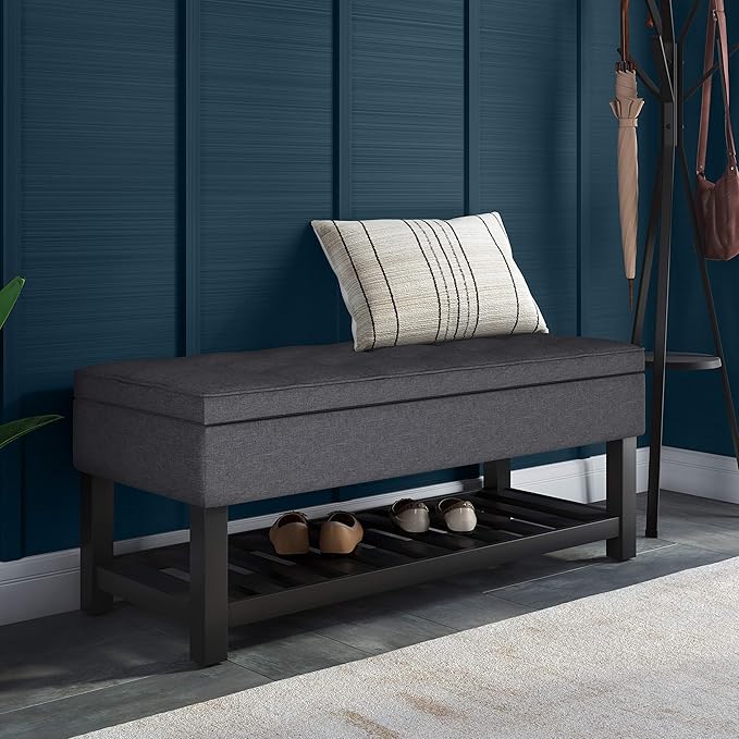 SIMPLIHOME Cosmopolitan Storage Ottoman Bench - 44 inch Wide Upholstered Linen Look Fabric Rectangle Storage Ottoman in Slate Grey, Transitional Bench for Bedroom with Tufted Lift-Top and Open Shelf