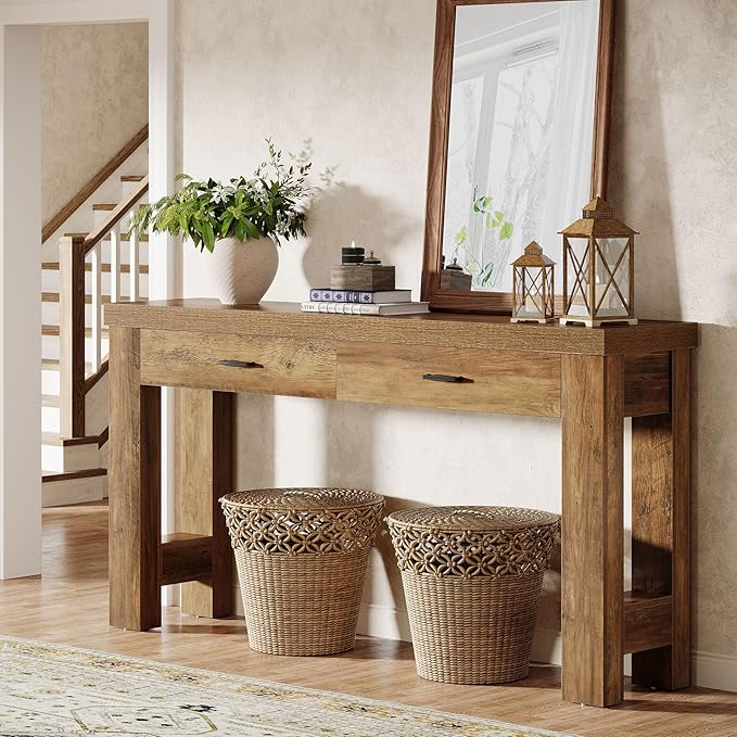 Tribesigns 63" Console Table with 2 Drawers, Farmhouse Entryway Table with H-Shaped Sturdy Legs for Hallway, Living Room, Brown