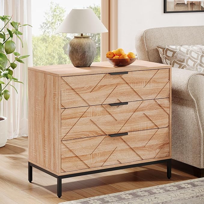 Tribesigns Wooden Nightstand Set of 2 with 3 Drawers, 31" Wide Night Stand with Metal Legs, Modern Large Bedside End Table for Bedroom, Living Room