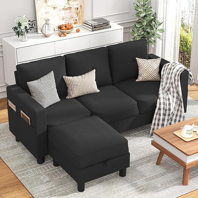 JY QAQA Convertible Sectional Sofa Couch with 3-Seat Sofa, L-Shaped Ottoman Couch with Modern Linen Fabric for Small Living Room, Apartment and Small Space(Black)