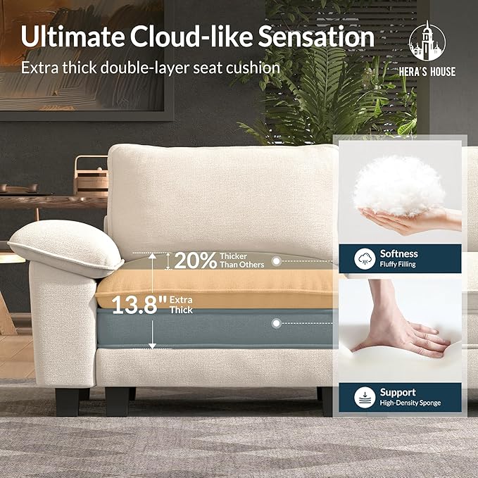HERA'S HOUSE 54" Modular Sectional Sofa Couches for Living Room, Comfy Cloud Couch 1-Seater Deep Seat Sofa with Throw Pillow, Chenille Beige