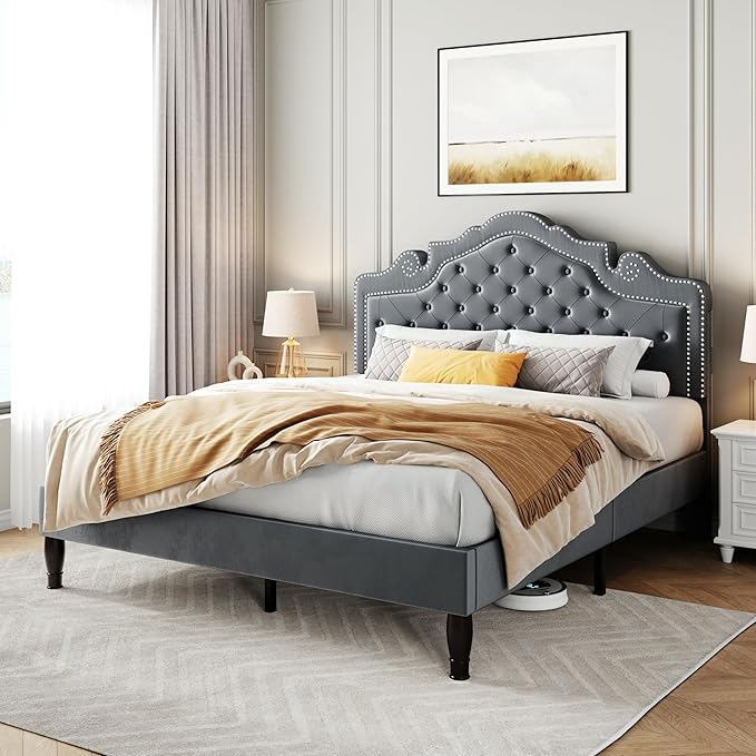 SHA CERLIN Queen Bed Frame with Adjustable Headboard/Velvet Upholstered/Diamond Button Tufted and Metal Studs/No Box Spring Needed/Wooden Slat Support/Easy Assembly/Light Grey