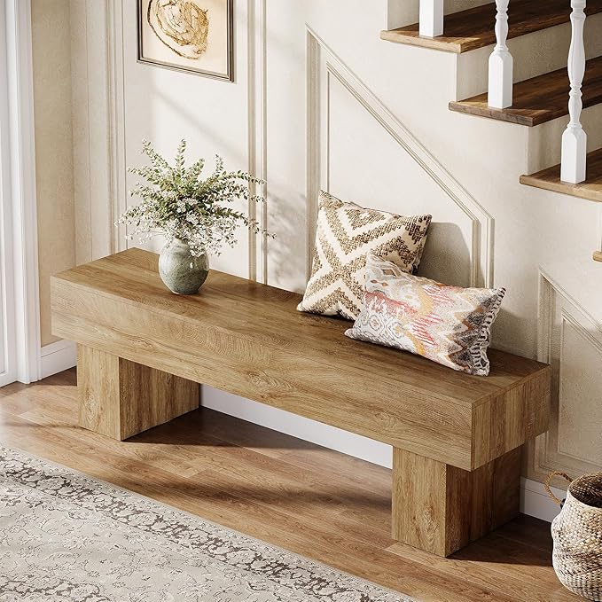 Tribesigns 63“ Extra Long Entryway Bench, Indoor End of Bed Bench for Bedroom, Farmhouse Wooden Shoe Seat Dining Bench for Dining Room, Living Room, Hallway, Light Brown