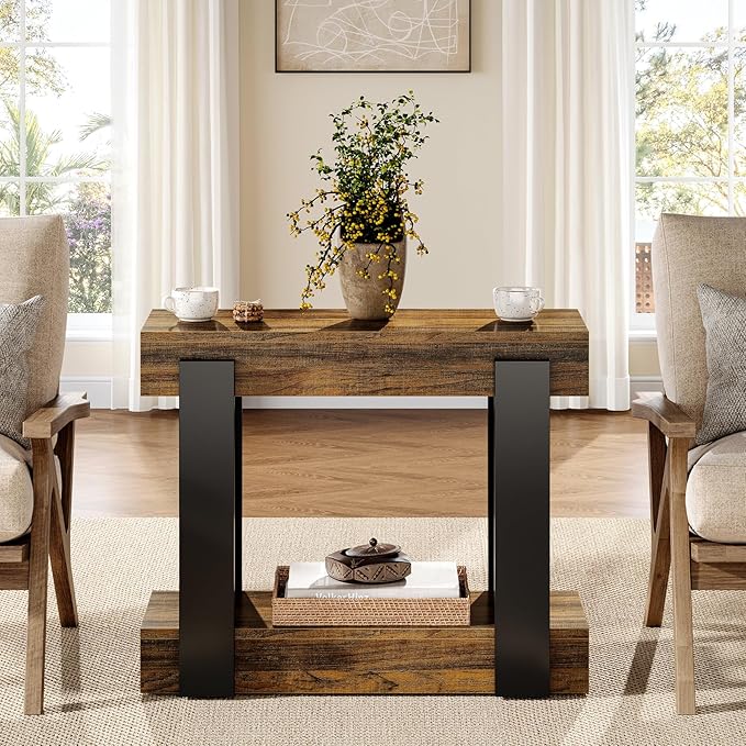 Tribesigns Narrow End Table, 2-Tier Farmhouse Side Table with Storage Shelf for Living Room, Rectangular Night Stand and Bedside Tables for Bedroom, Brown