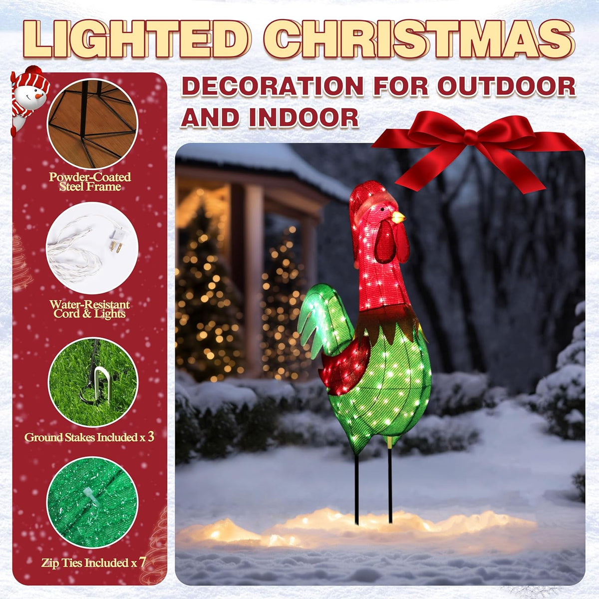 6FT Lighted Rooster with Christmas Hat for Outdoor Christmas Decorations, 3D Pre-Lit Iridescent Rooster Xmas Decor, Glittered Standing Holiday Display Rooster for Outdoor, Indoor