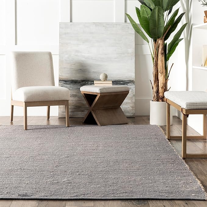 nuLOOM 8x10 Elfriede Jute & Cotton Hand Woven Area Rug, Grey, Solid Rustic Farmhouse Style, Weaved Design, Natural Fiber, For Bedroom, Living Room, Dining Room, Hallway, Office, Entryway