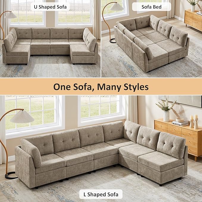 VANOMi 6 Seat Modular Cloud Sofa, 118" Convertible Sectional Cloud Sofas & Couches for Living Room, Comfy Chenille Sectional Couch Sofa for Living Room, Apartment, Office, Camel, L/U Shaped