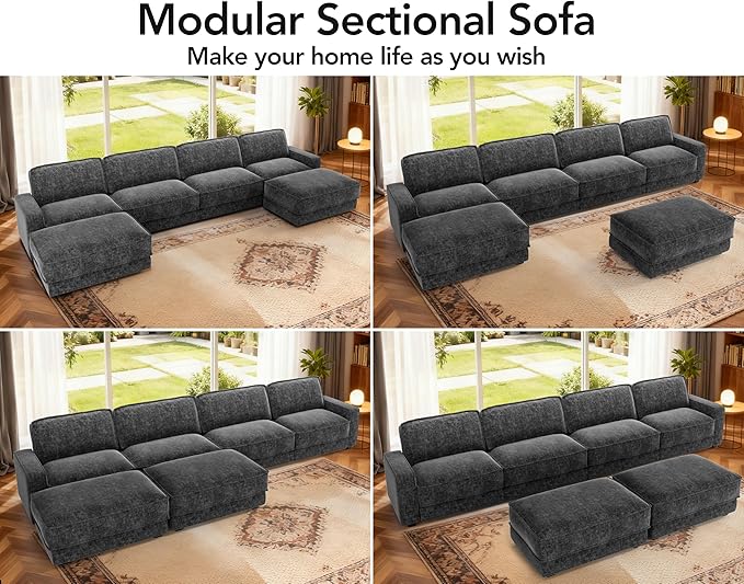 Sunny Heart 160" U-Shaped Modular Sectional Sofa, Oversized Cloud Couch with Movable Ottoman, 6-Seat Chenille Deep Seat Sofa with Pillow, Sectional Couches for Living Room, Apartment, Dark Grey