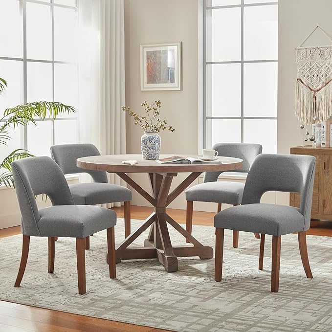 VKNOW Wooden Dining Chairs Set of 2, Modern Fabric Upholstered Dining Room Chair Kitchen Chairs, Farmhouse Dinner Chair for Kitchen Dining Room, Fabric Grey