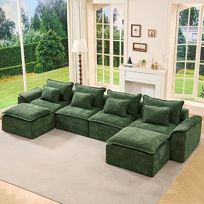 Hobestluk 152" Cloud Modular Sectional Couch 4-Seater Sofa with Ottomans U Shaped Couch Deep Seat Sofa with Removable Cover for Living Room (Green, 4-Seater Sofa with Two Ottomans)