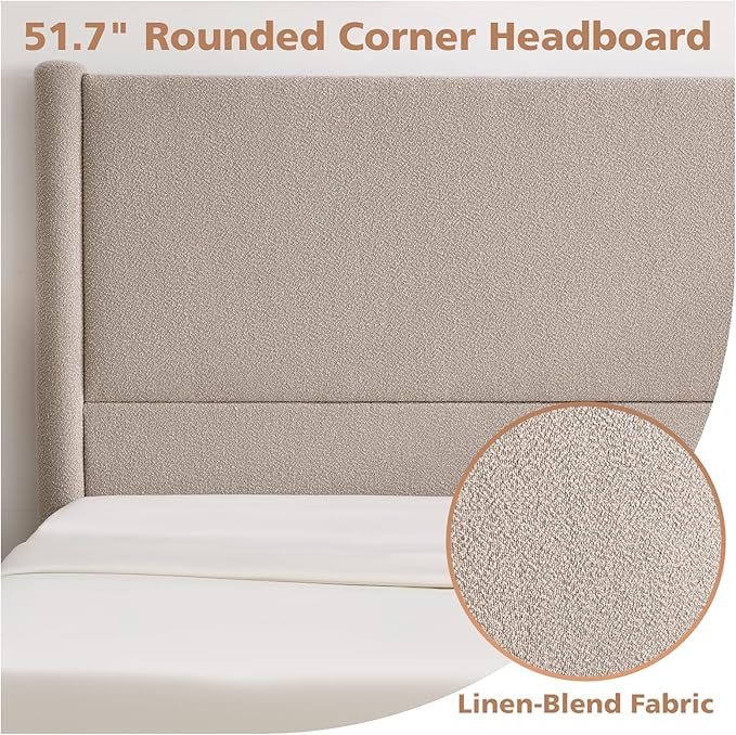 VELOCAVA Queen Size Upholstered Bed Frame with 51.77" Tall Headboard and Soft Rounded Corners, Side Storage Drawers, 12-Slat Support, No Box Spring Needed, Linen-Blend Fabric, Beige