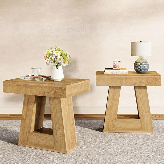 Tribesigns 24" Modern Side Table, 2-Tier Narrow Wooden End Table with Trapezoid Base, Farmhouse Small Nightstand for Living Room, Bedroom (2, Natural Wood Color)