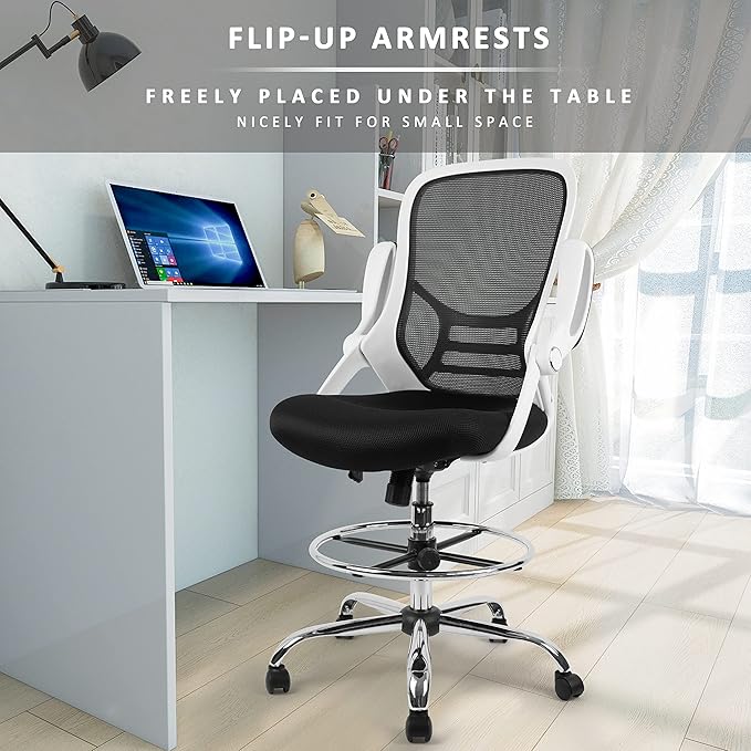 HYLONE Drafting Chair, Tall Office Chair Mesh Standing Desk Stool with Adjustable Foot Ring, Flip-Up Arms, White & Black