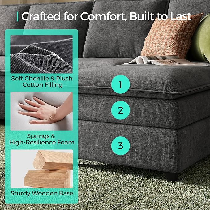 LINSY HOME Sleeper Sofa Bed, 115" Modular Sectional Sofa Bed with Double Layer Cushious, Comfy Cloud Sofa Couches for Living Room, Apartment, Home Theater, Grey