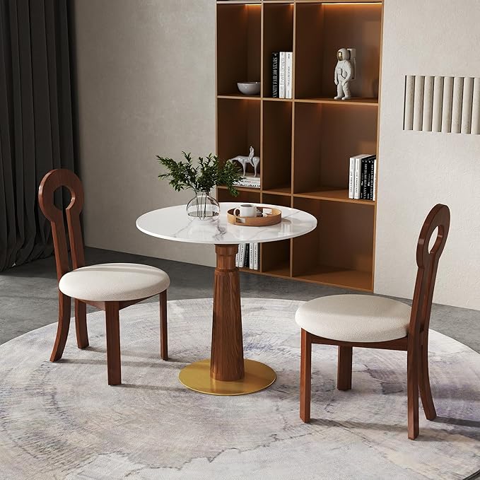 Sintered Stone Office Table and Chair Set - 33.5" Round Table for Small Offices (Light Brown Leg and White Top, 1 Table and 2 Chairs)