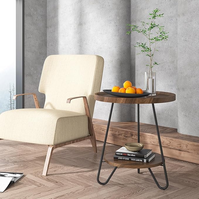 Tribesigns Set of 2 Round Side Table, 2-Tier End Table with Metal Legs, Modern Industrial Beside Table, Small Accent Table Snack Table for Living Room, Bedroom, Small Space, Brown