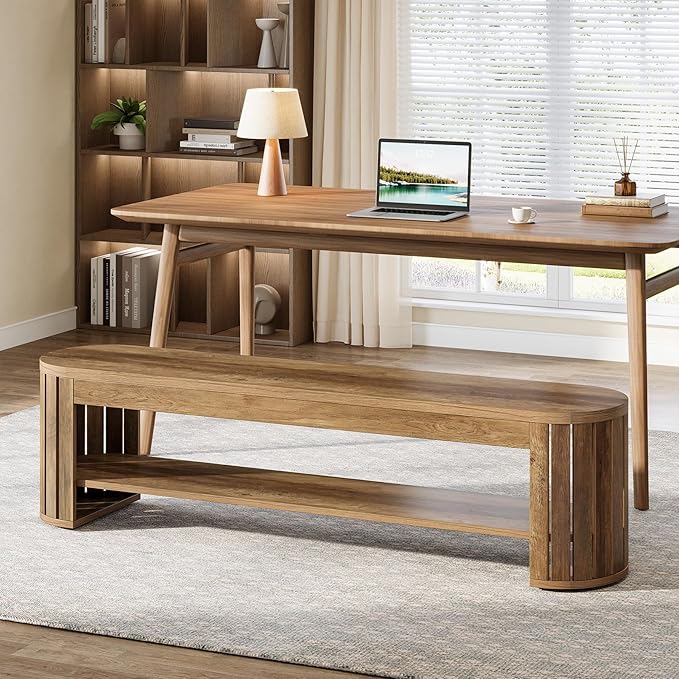 Tribesigns 63" Wooden Dining Bench, Farmhouse Entryway Bench with Arc Vertical Slat Splicing Legs, Kitchen Dining Seat for Dining Room, Living Room, Home Office, Easy Assembly (Brown)