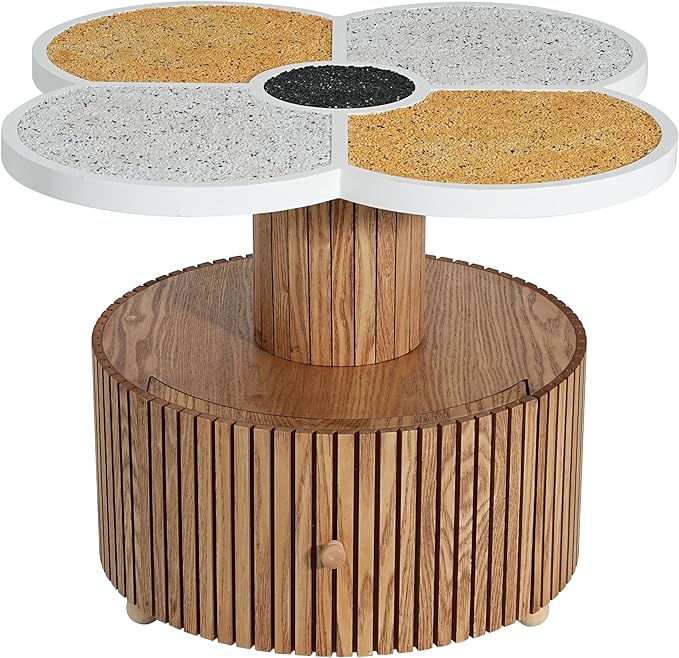 Christopher Knight Home Maven Four-Leaf Clover Side Table with Drawer, Modern Sofa End Table for Living Room, Wooden Accent Table with Pedestal Base, Natural+Yellow+White