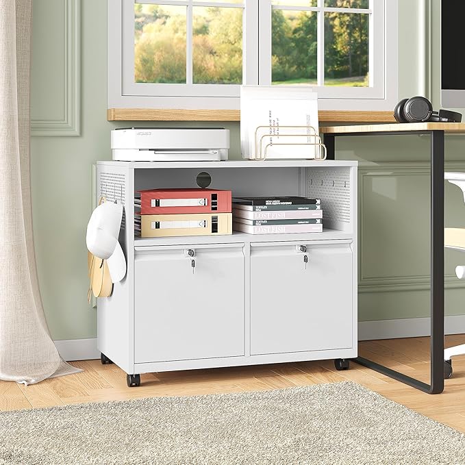 Mobile Filing Cabinet with Lock,Metal Lateral File cabinets Printer Stand with Storage Cabinets for Home Office,A4/F4/Letter (White)