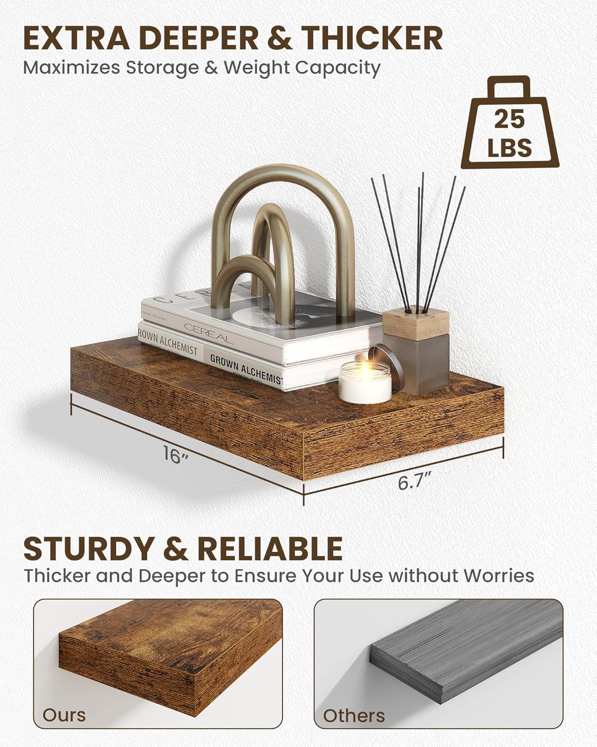 Marsmiles 16" Floating Shelves for Wall, Wooden Shelves with Invisible Brackets Set of 2, Rustic Farmhouse Wall Mounted Shelf for Kitchen Bathroom Living Room Study, Rustic Brown