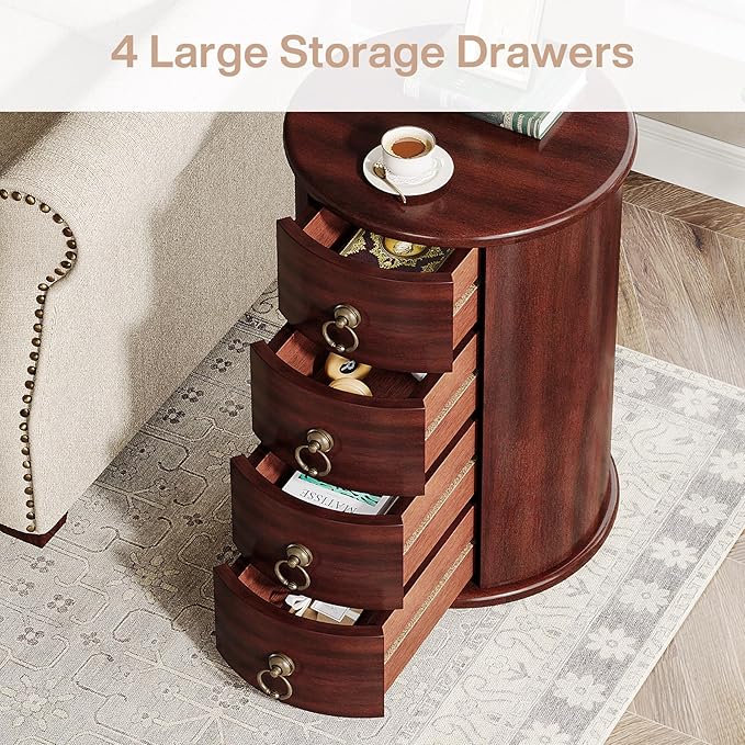 Tribesigns Solid Wood End Table, Round Side Table with 4 Drawers, Vintage Bedside Table Nightstand for Small Spaces, Living Room, Bedroom, No Assembly Required (2, Cherry Brown)