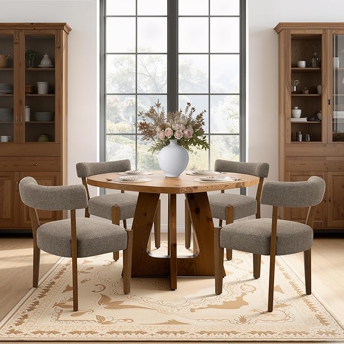 Modern Dining Chairs Set of 6, Walnut Upholstered Kitchen & Dining Room Chairs, Mid Century Wooden Dining Chairs Oversized Sturdy Fabric Rounded Chairs Curved Back, Tan Brown