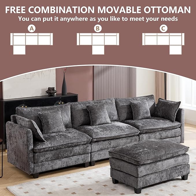 Plush Modular Cloud Sofa Set with Ottoman | L/U-Shaped Deep Seating Chenille Sectional for Family Living Room