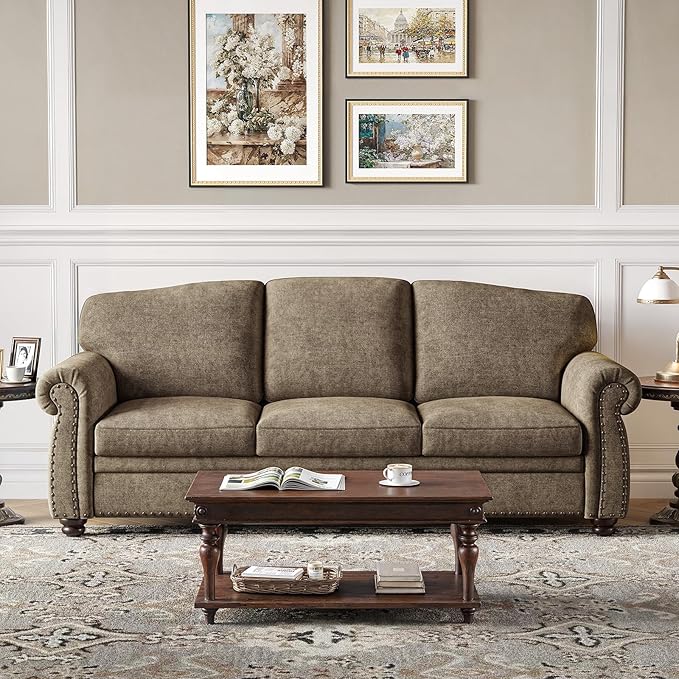 ONBRILL 90 Inch Nailhead Trim Couch for Living Room, 23 Inch Deep Seat Rolled Arm Sofa, Comfy Upholstered 3 Seater Chenille Couch w/Wooden Leg, Large Traditional Sofa for Farmhouse, Brown