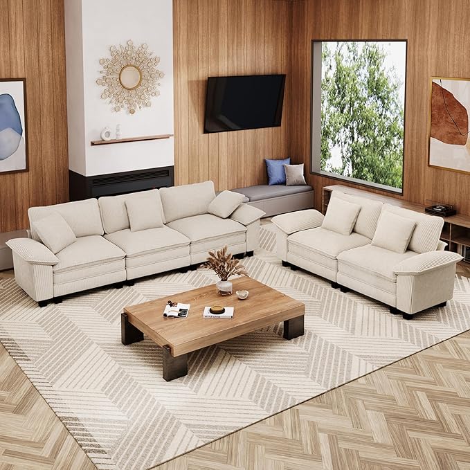 L-Shaped Cloud Modular Sofa Set with Chaise Lounge, 5-Piece Sectional & Deep Seat, Plush Corduroy w/Removable Arms for Living Room - Beige