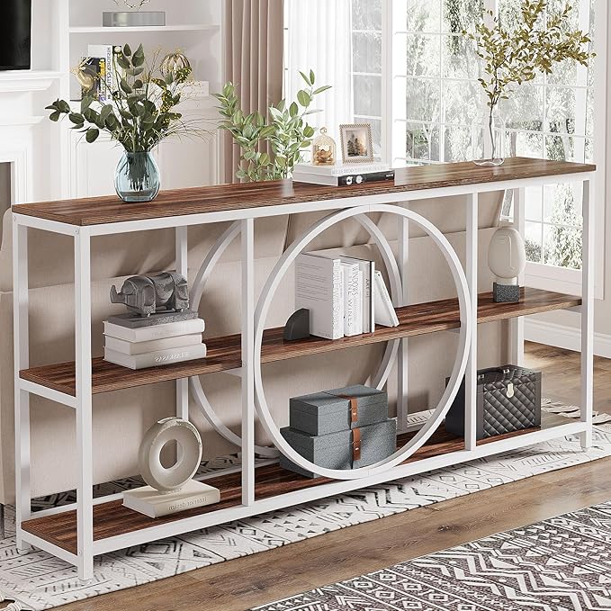 Tribesigns 70.9 inch Sofa Console Table, Extra Long Narrow Entryway Tables with 3 Tier Wood Storage Shelves Industrial Metal Frame for Foyer Hallway Living Room Behind Couch, White Walnut
