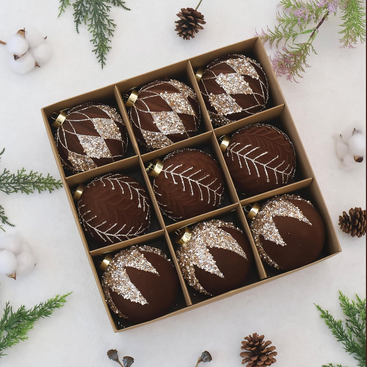 4inch Velvet Ornaments for Christmas Tree, 9PCS Glitter Flocked Christmas Ornaments Decorations Balls Set Decor Brown