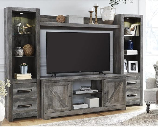 Signature Design by Ashley Wynnlow Rustic 4-Piece Entertainment Center for TVs up to 72" with LED Lighting and Adjustable Shelf, Gray