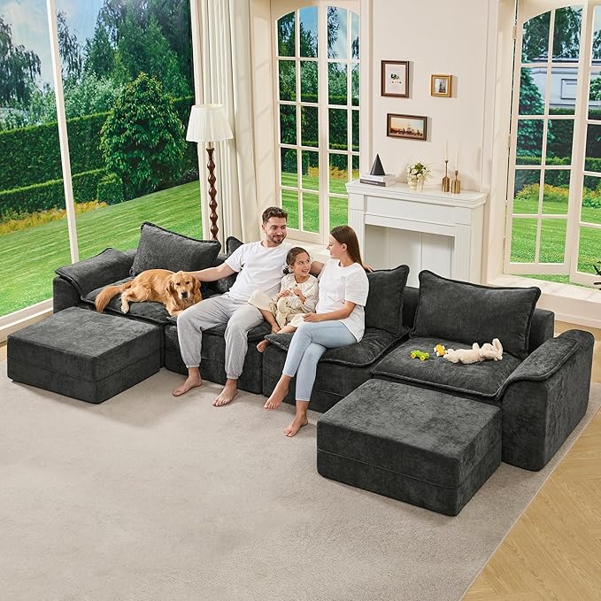 Hobestluk 152" Cloud Modular Sectional Couch 4-Seater Sofa with Ottomans U Shaped Couch Deep Seat Sofa with Removable Cover for Living Room (Dark Grey, 4-Seater Sofa with Two Ottomans)