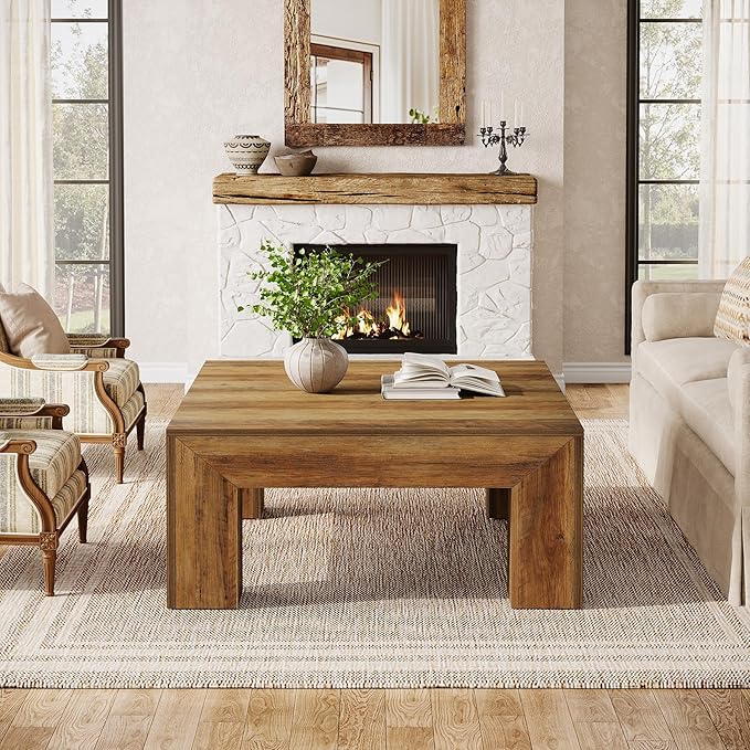 Tribesigns Farmhouse Square Coffee Table for Living Room, 39.37-Inch Low Large Center Tea Accent Table with Sturdy Legs, Easy Assembly (Rustic Brown)
