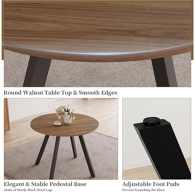 34.6'' Round Dining Table and Chairs for 4 Space Saving for Apartment Kitchen Dining Room (Walnut Table+4 Black Chairs)