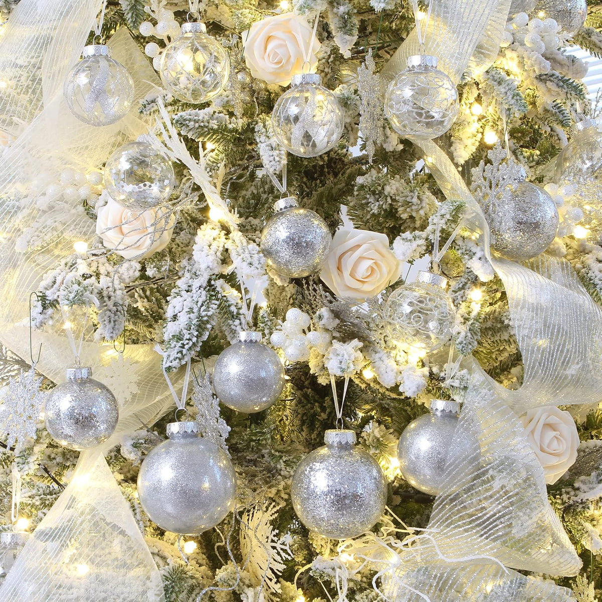 Sea Team Shatterproof Clear Plastic Christmas Ball Ornaments Decorative Xmas Balls Baubles Set with Stuffed Delicate Decorations (100mm/3.94 inch 16-Pack, Silver)