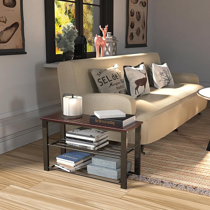 Simple Houseware Wood Top Shoe Storage Bench for Entryway, Dark Brown