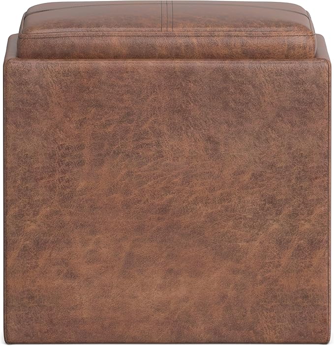 SIMPLIHOME Rockwood 18 inch Wide Contemporary Square Cube Storage Ottoman with Tray in Distressed Saddle Brown Vegan Faux Leather, Assembled, For the Living Room, Entryway and Family Room