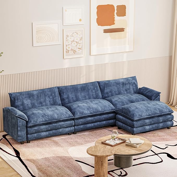 Furniwell Modular Sectional Sofa with Moveable Ottoman, Oversized 3-Seater Couch with Supportive Backrest, Chenille Convertible Sofa Couches for Living Room/Apartment(L Shaped,Blue)