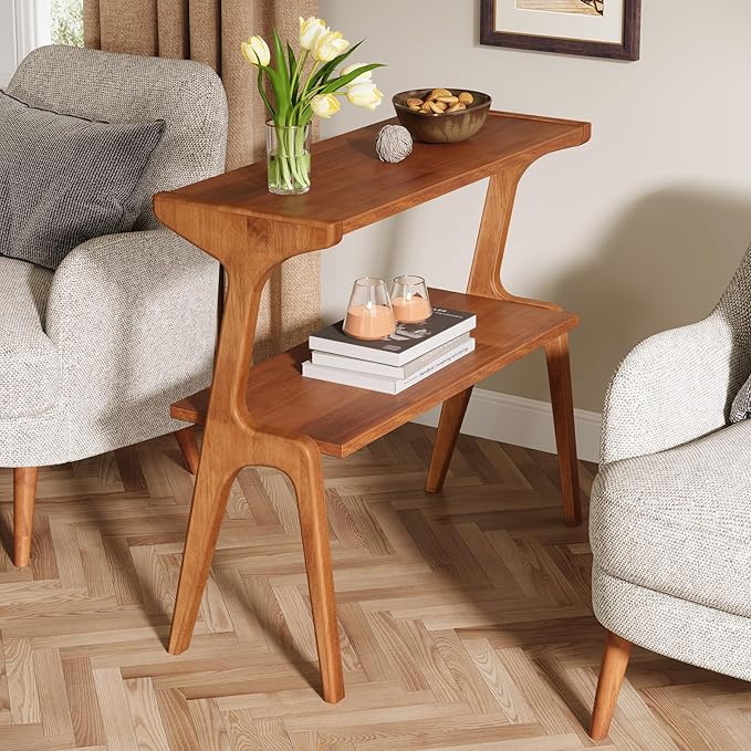Tribesigns Narrow Side Table, 2-Tier Solid Wood End Table with Storage, Modern Tall Couch Side Table for Living Room, Slim Bedside Table for Bedroom, Small Spaces, Cherry