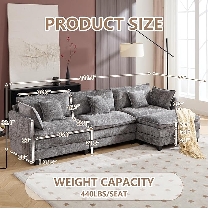Plush Modular Cloud Sofa Set with Ottoman | L/U-Shaped Deep Seating Chenille Sectional for Family Living Room