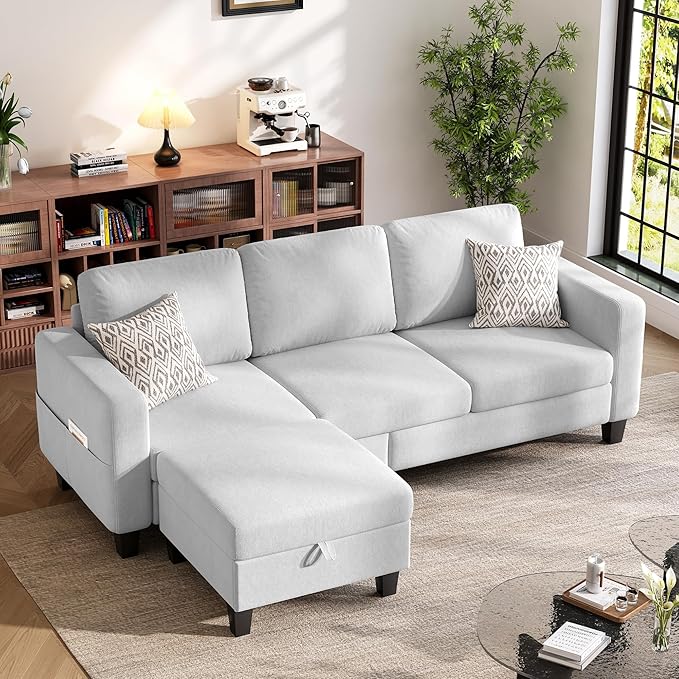 Sectional Sofa and Couches for Living Room, 78'' White 3 Seat L-Shaped Couch with Movable Ottoman, Comfy Velvet Convertible Sectionals Sofas with Chaise for Apartment, Office, Small Space