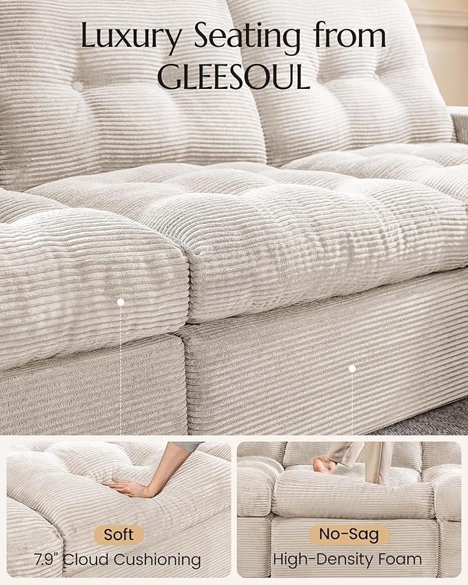 High Back Boneless Couch, Loveseat Cloud Couch with Versatile 2-Pack Pillow Blankets, Corduroy Modular Sectional Sofa, No Assemble Sectional Couches for Living Room, Warm White