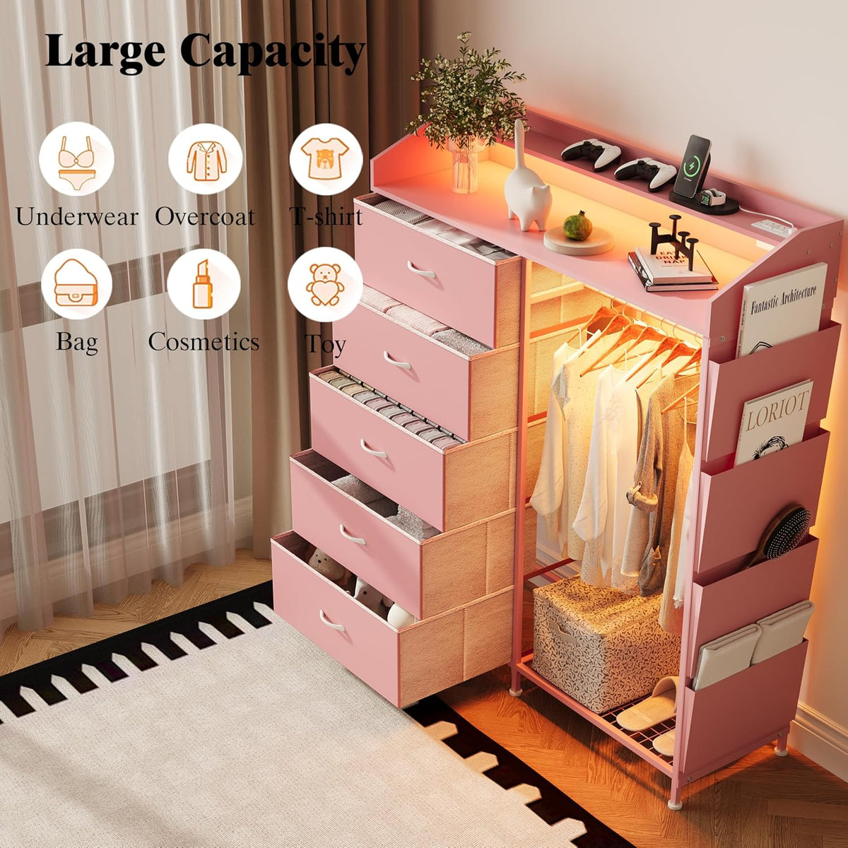 LUMTOK 2-in-1 Dresser with Hanging Racks,5 Fabric Drawers Dressers with LED Lights, Charging Station for Bedroom Living Room, Entryway, Closets (Pink)