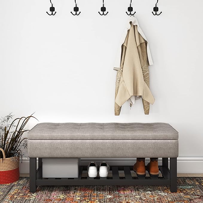 SIMPLIHOME Cosmopolitan Storage Ottoman Bench - 44 inch Wide Upholstered Vegan Leather Rectangle Storage Ottoman in Distressed Grey Taupe, Transitional Bench for Bedroom with Tufted Lift-Top and Shelf
