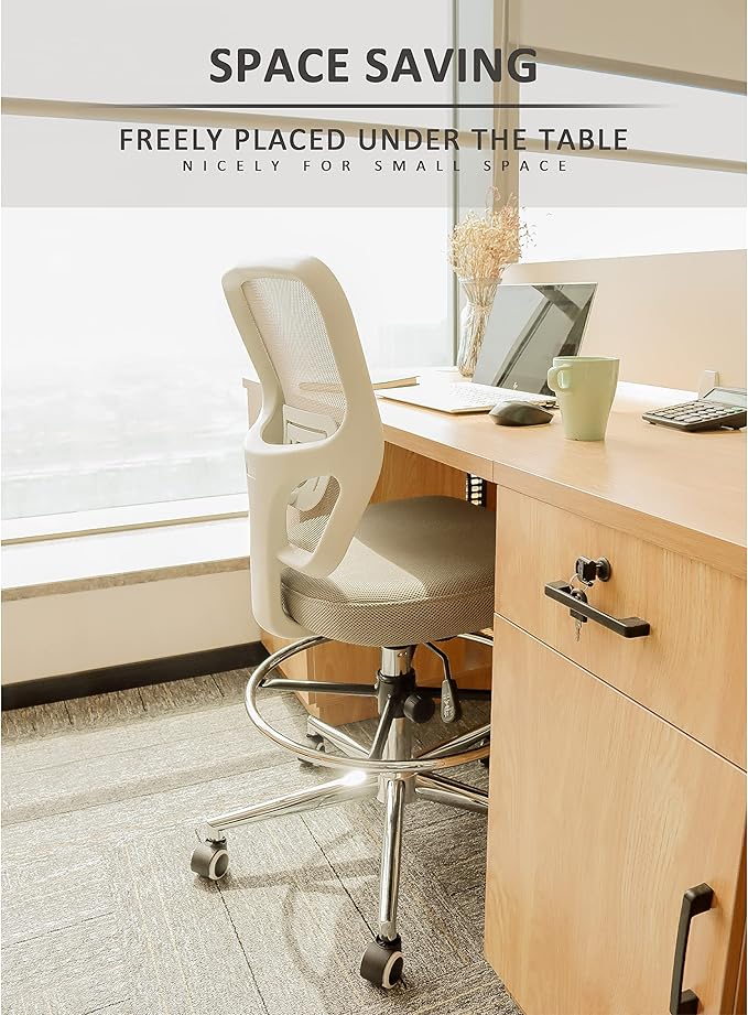 Drafting Chair, Tall Office Chair for Standing Desk, Drafting Stool with Lumbar Support, Adjustable Height and Foot Ring, Grey