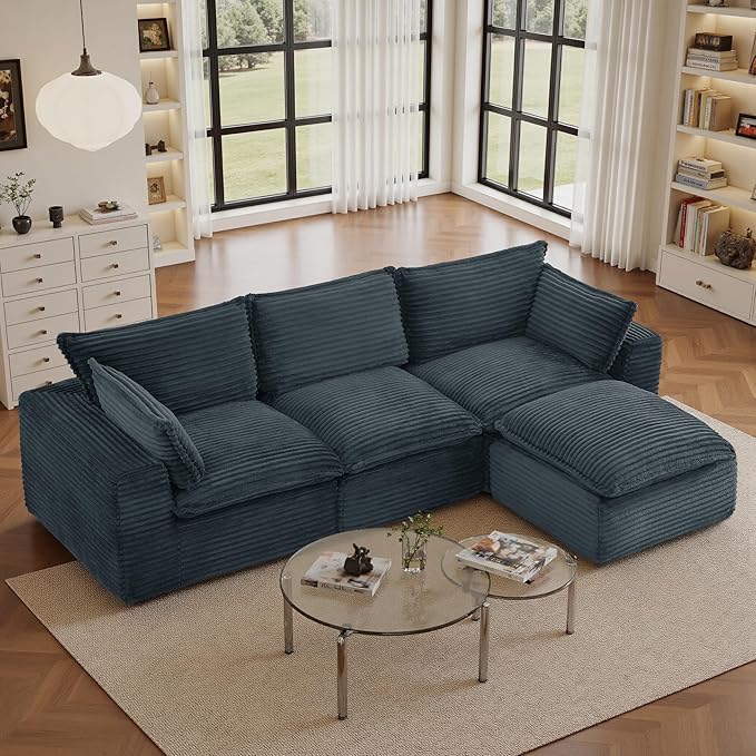 108" Sectional Couches for Living Room Boneless Couch Upholstered Cloud Couch Sectional Modular Sectional Sofa with L Shaped (Corduroy-Blue, 3 Seat+1 Ottoman)