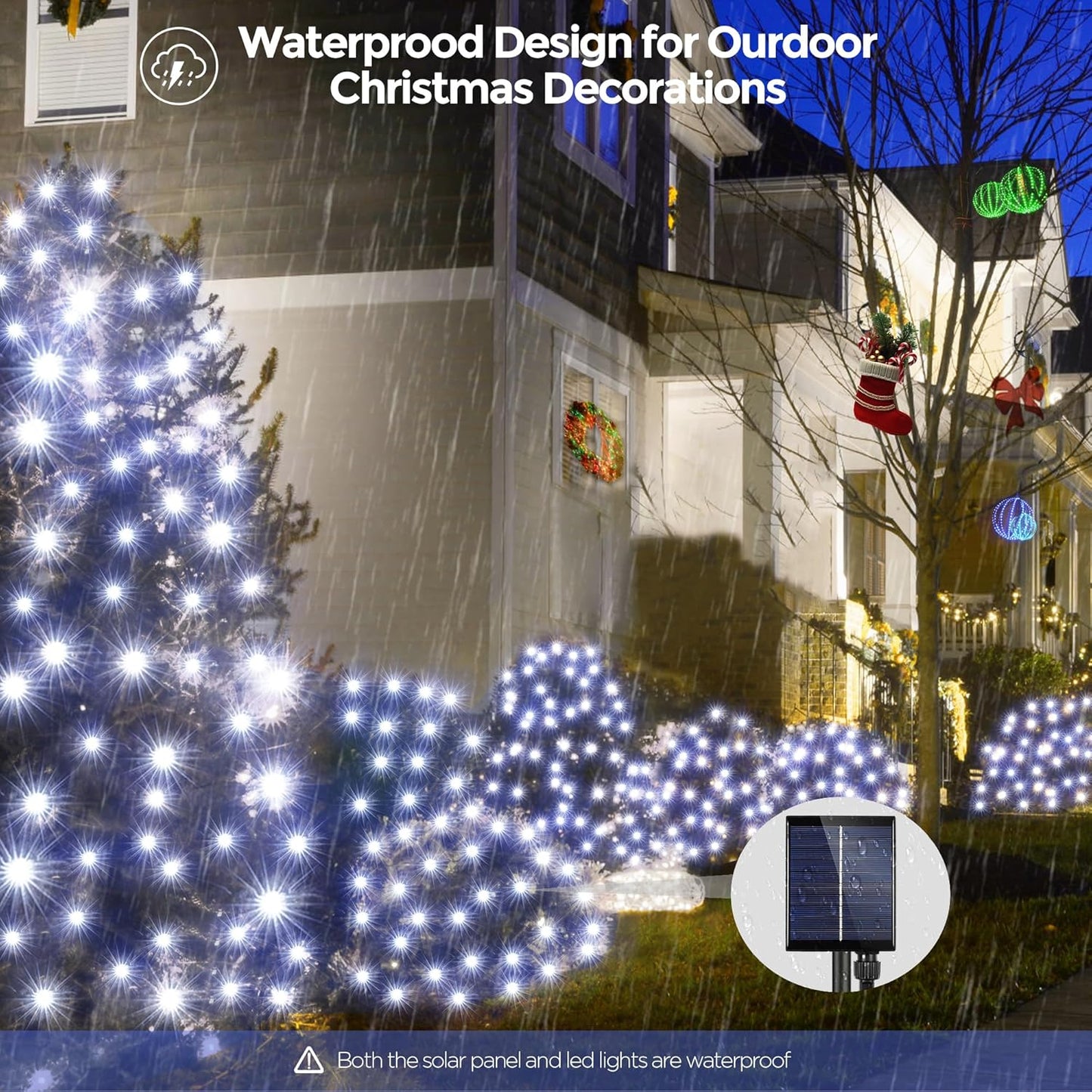WBao Solar Christmas Lights Outdoor 200LED 8.4ft x 5.2ft Christmas Net Lights with Remote, 8 Lighting Modes, Timer, Waterproof for Lawn, Bushes, Shrubs, Trees Outdoor Christmas Decorations, Cool White